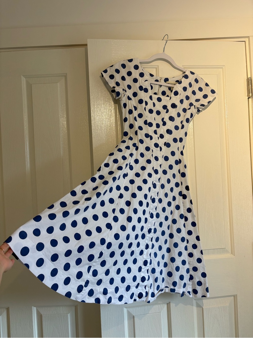 Blue and white polka dot A line dress with short sleeves